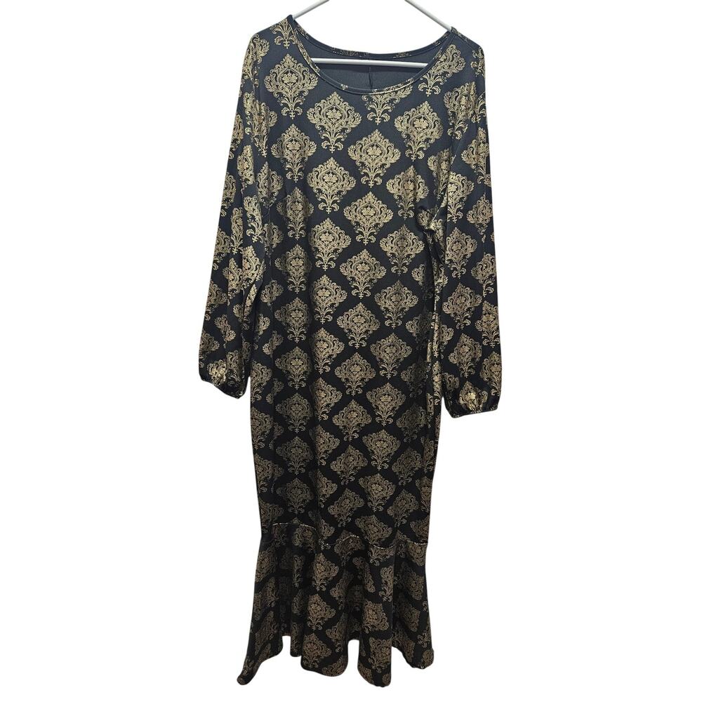 Plus Size 3XL Black Gold Baroque Gothic Asian Inspired Long Sleeve Midi Dress